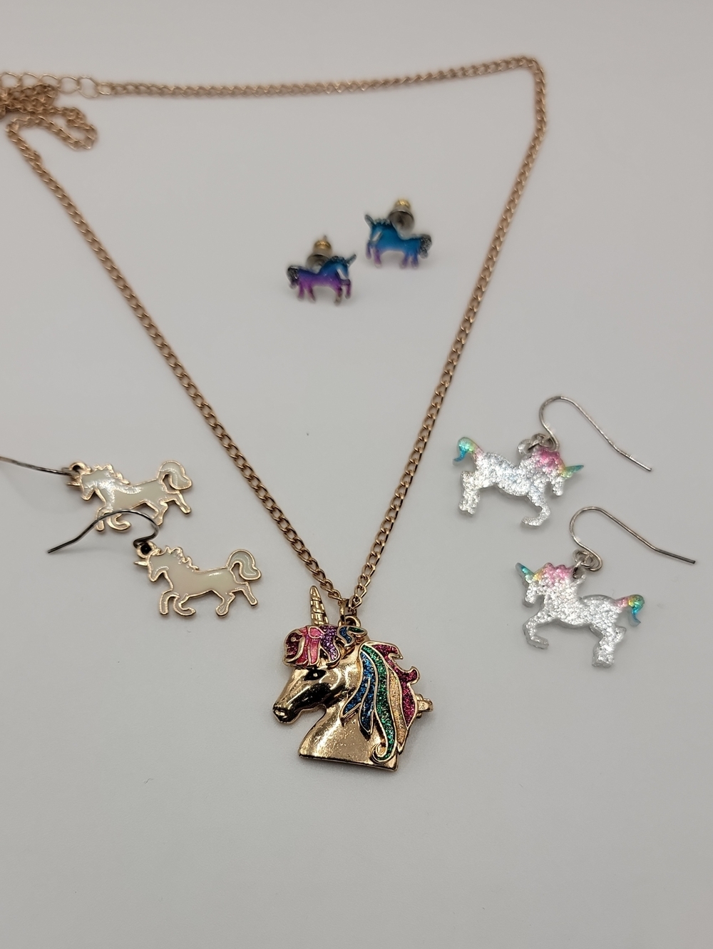 Gold Unicorn Pendant Necklace with Multicolor Sparkle Mane Plus 3 Earrings